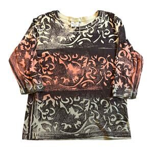 Vintage Graffiti Style Red Beige Printed Top Women's Size Medium 3/4 Sleeves